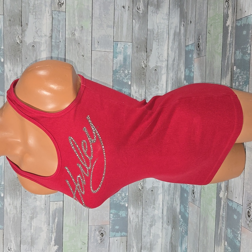 Harley-Davidson Red Tank Top with Silver Rhinestone Script - Picture 3 of 6